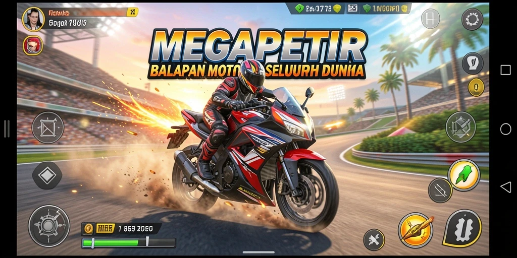 Gameplay seru MEGAPETIR dengan motor balap di trek menantang.