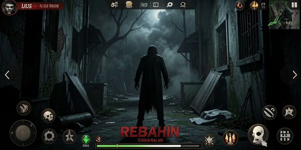 Screenshot gameplay menakutkan dari REBAHIN menunjukkan suasana kegelapan.