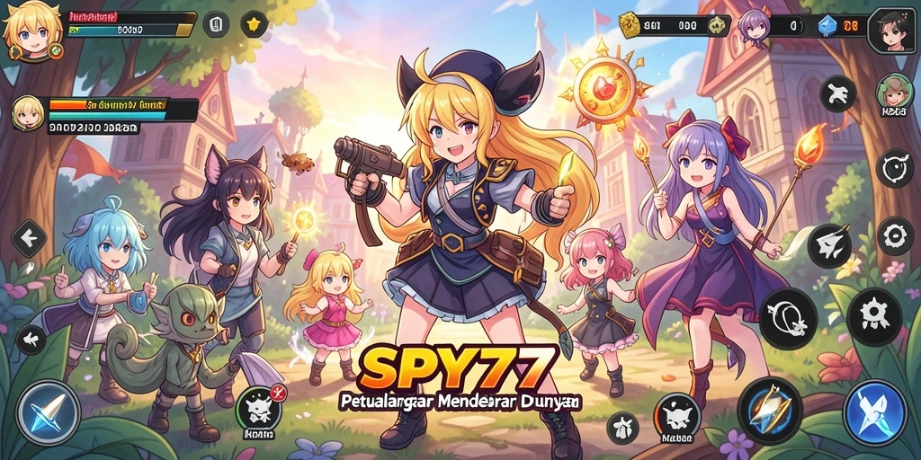 Tampilan gameplay SPY77 yang menakjubkan dengan karakter anime yang dinamis.